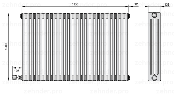 Схема (чертеж) Радиатор Zehnder Charleston 4150/25 №V003 Белый глянцевый RAL 9016